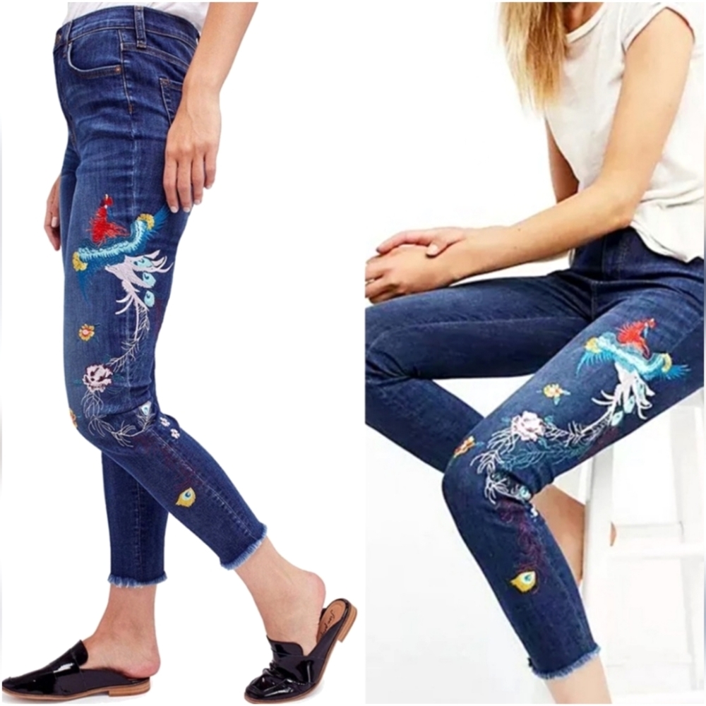 Free People embroidered  peacock skinny jeans women's size 24